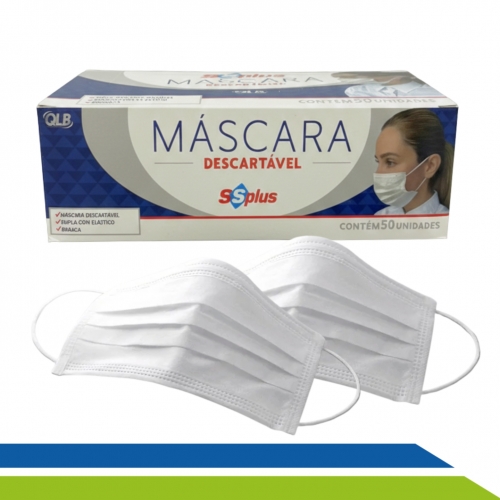 Máscara Descartável Elástico Triplo Branca CX 50 UN Atóxica TNT SSplus - CÓD. 12410